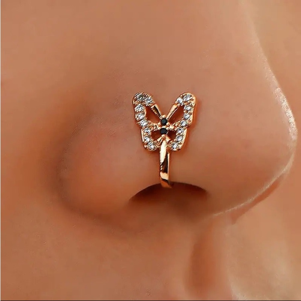 Butterfly design U-shaped Make-Believe Nose Ring Clip On Rose-tone Sparkly